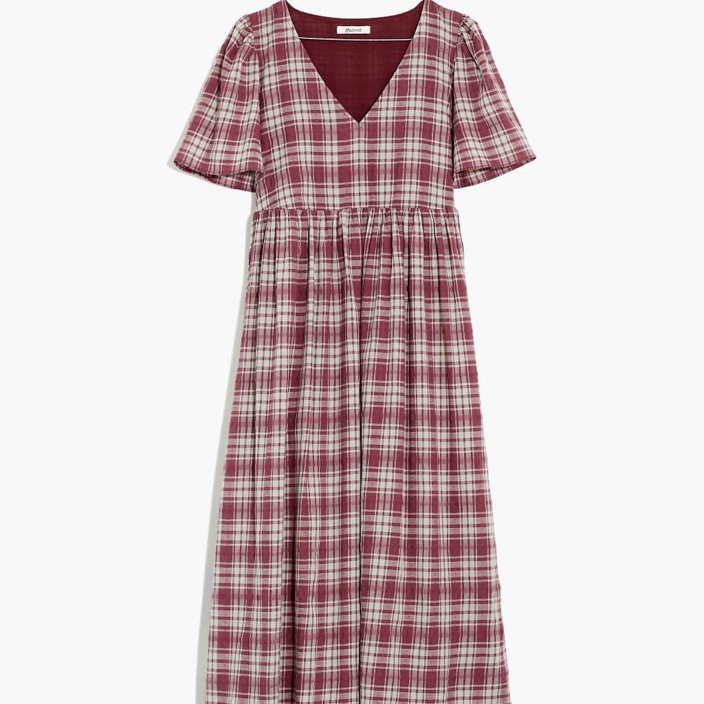 V-Neck Puff-Sleeve Midi Dress in Croftwood Plaid